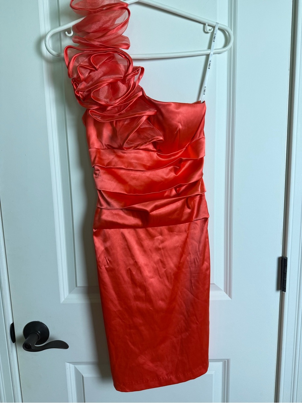 B Darlin One-Shoulder Red Satin Cocktail Dress with Rosette Strap